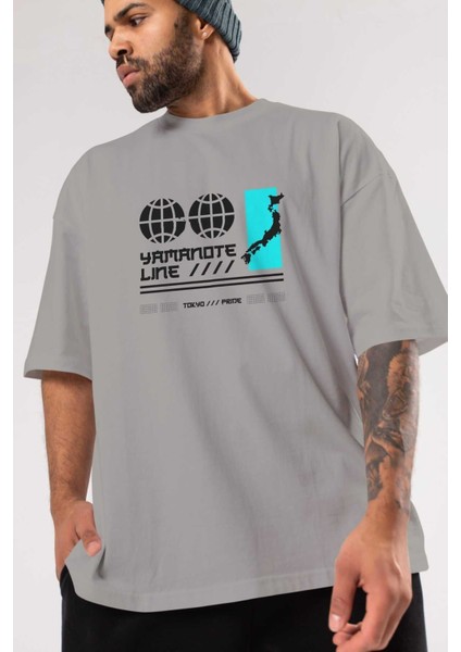 Yamanote Line Ön Baskılı Gri Oversize T-Shirt Unisex Erkek Kadın Bisiklet Yaka modelleri