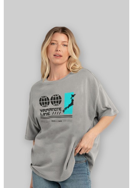 Yamanote Line Ön Baskılı Gri Oversize T-Shirt Unisex Erkek Kadın Bisiklet Yaka fırsatları
