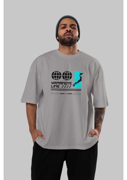 Yamanote Line Ön Baskılı Gri Oversize T-Shirt Unisex Erkek Kadın Bisiklet Yaka indirimleri