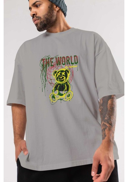 The World Is Mine Bear Ön Baskılı Gri Oversize T-Shirt Unisex Erkek Kadın Bisiklet Yaka modelleri
