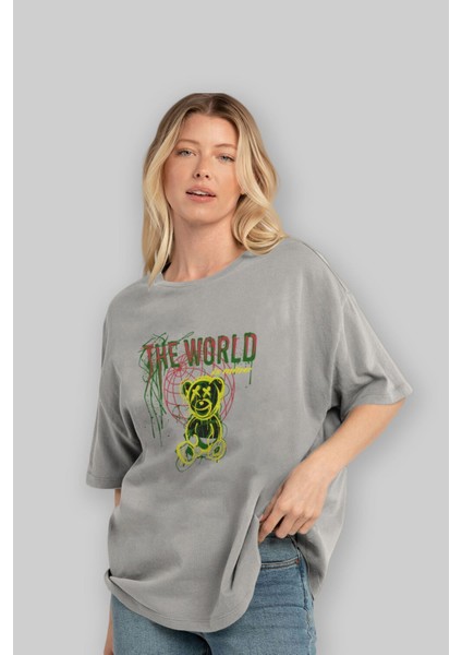 The World Is Mine Bear Ön Baskılı Gri Oversize T-Shirt Unisex Erkek Kadın Bisiklet Yaka fırsatları
