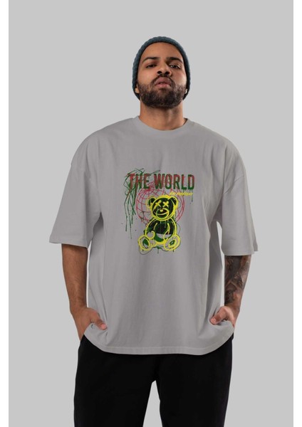 The World Is Mine Bear Ön Baskılı Gri Oversize T-Shirt Unisex Erkek Kadın Bisiklet Yaka indirimleri
