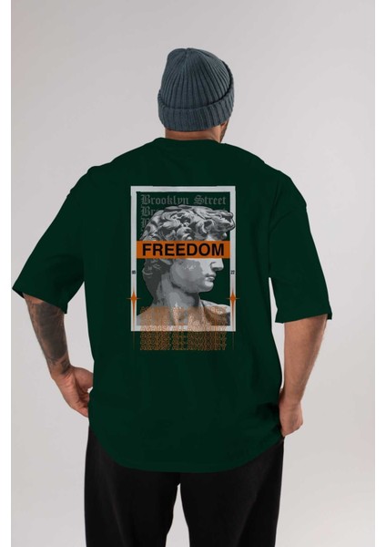 Brooklyn Street Arka Baskılı Zümrüt Yeşili Oversize T-Shirt Unisex Erkek Kadın Bisiklet Yaka