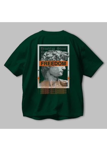 Brooklyn Street Arka Baskılı Zümrüt Yeşili Oversize T-Shirt Unisex Erkek Kadın Bisiklet Yaka modelleri