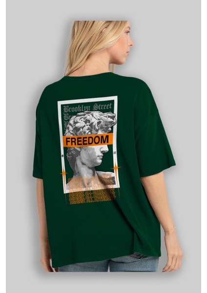 Brooklyn Street Arka Baskılı Zümrüt Yeşili Oversize T-Shirt Unisex Erkek Kadın Bisiklet Yaka fırsatları
