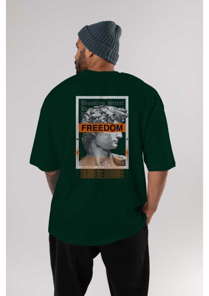 Brooklyn Street Arka Baskılı Zümrüt Yeşili Oversize T-Shirt Unisex Erkek Kadın Bisiklet Yaka indirimleri