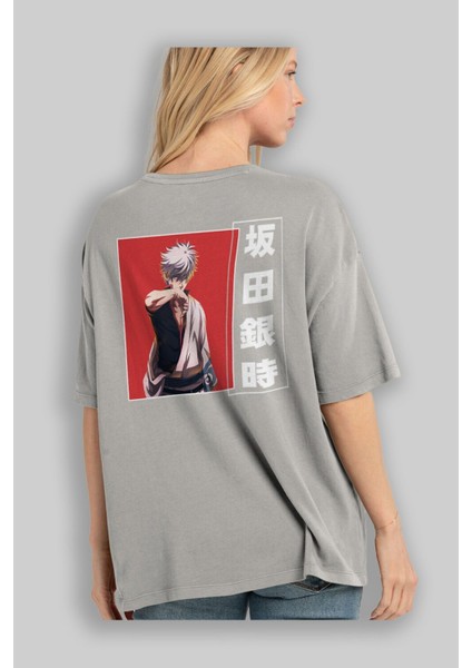 Gintoki Sakata Gıntama 1 Anime Arka Baskılı Gri Oversize T-Shirt %100 Pamuk Erkek Kadın modelleri