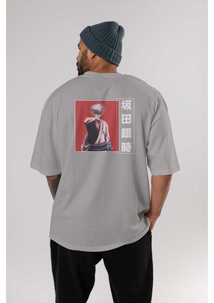 Gintoki Sakata Gıntama 1 Anime Arka Baskılı Gri Oversize T-Shirt %100 Pamuk Erkek Kadın fırsatları