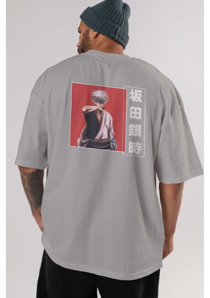 Gintoki Sakata Gıntama 1 Anime Arka Baskılı Gri Oversize T-Shirt %100 Pamuk Erkek Kadın indirimleri