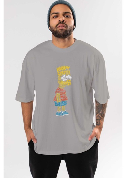 Bart Simpson Ön Baskılı Gri Oversize T-Shirt Unisex Erkek Kadın Bisiklet Yaka