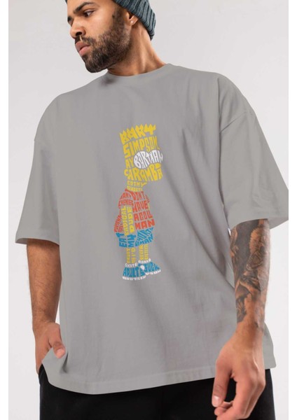 Bart Simpson Ön Baskılı Gri Oversize T-Shirt Unisex Erkek Kadın Bisiklet Yaka modelleri