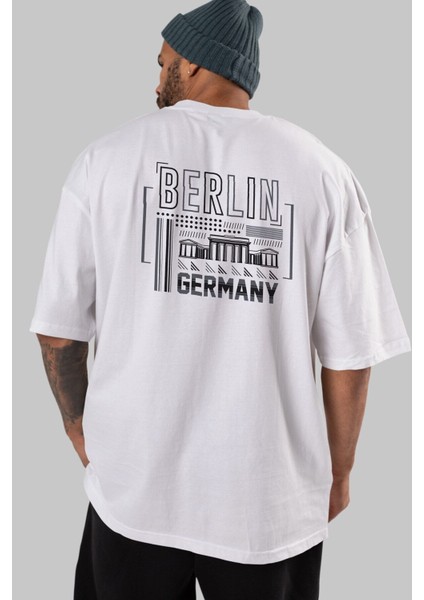 Berlin Arka Baskılı Beyaz Oversize T-Shirt Erkek Kadın Bisiklet Yaka fırsatları