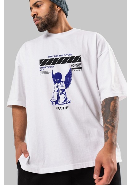 Pray For The Future Ön Baskılı Beyaz Oversize T-Shirt Erkek Kadın Bisiklet Yaka