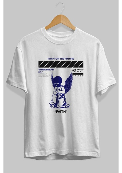 Pray For The Future Ön Baskılı Beyaz Oversize T-Shirt Erkek Kadın Bisiklet Yaka