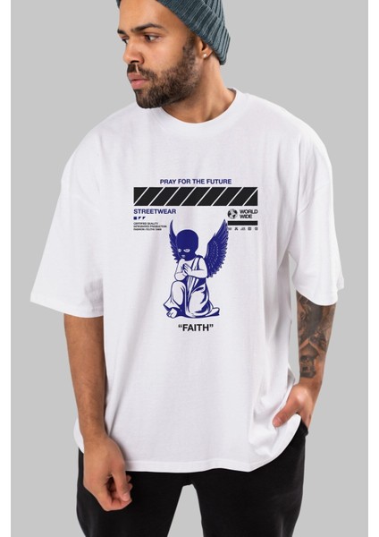 Pray For The Future Ön Baskılı Beyaz Oversize T-Shirt Erkek Kadın Bisiklet Yaka
