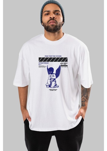 Pray For The Future Ön Baskılı Beyaz Oversize T-Shirt Erkek Kadın Bisiklet Yaka