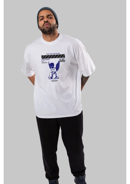 Pray For The Future Ön Baskılı Beyaz Oversize T-Shirt Erkek Kadın Bisiklet Yaka