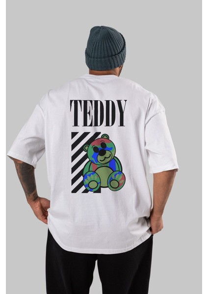Teddy Bear Arka Baskılı Beyaz Oversize T-Shirt Erkek Kadın Bisiklet Yaka fiyatları