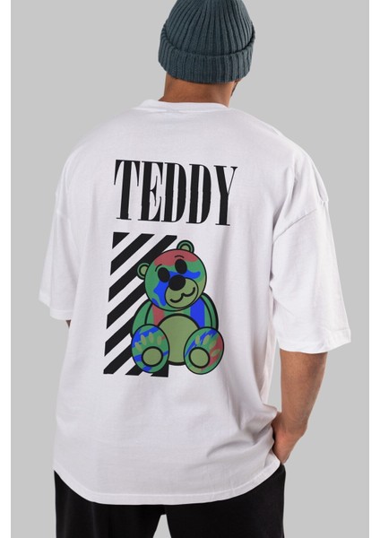 Teddy Bear Arka Baskılı Beyaz Oversize T-Shirt Erkek Kadın Bisiklet Yaka modelleri