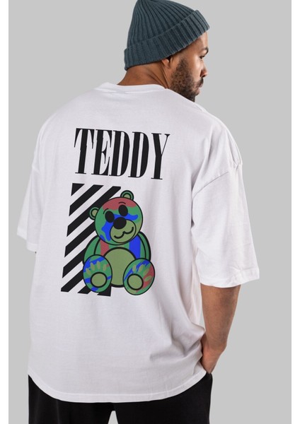 Teddy Bear Arka Baskılı Beyaz Oversize T-Shirt Erkek Kadın Bisiklet Yaka fırsatları