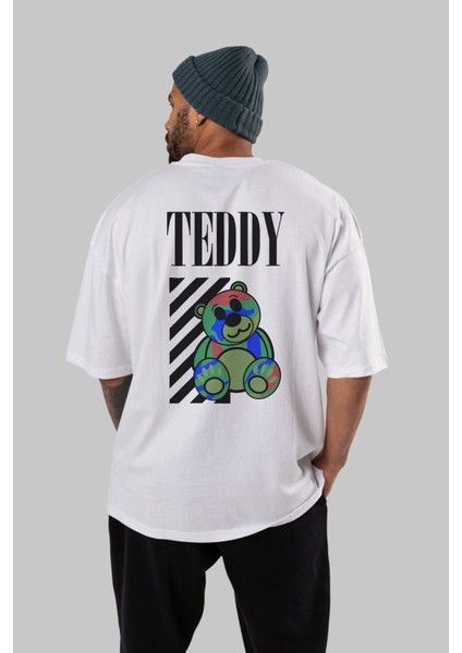 Teddy Bear Arka Baskılı Beyaz Oversize T-Shirt Erkek Kadın Bisiklet Yaka indirimleri