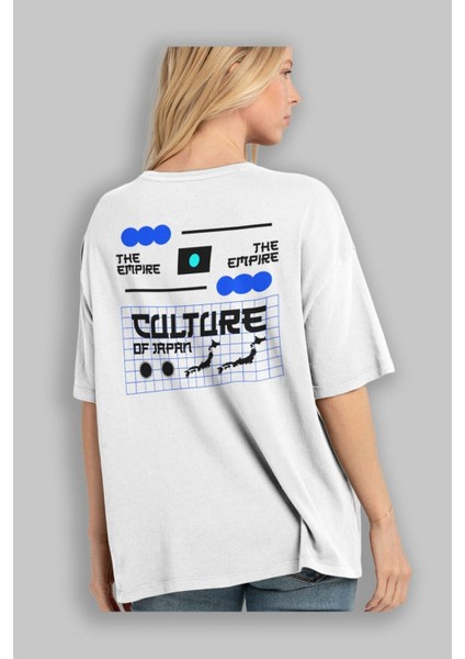 The Empire Culture Japan Arka Baskılı Beyaz Oversize T-Shirt Erkek Kadın Bisiklet Yaka fiyatları