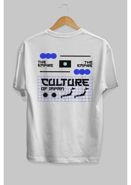 The Empire Culture Japan Arka Baskılı Beyaz Oversize T-Shirt Erkek Kadın Bisiklet Yaka modelleri