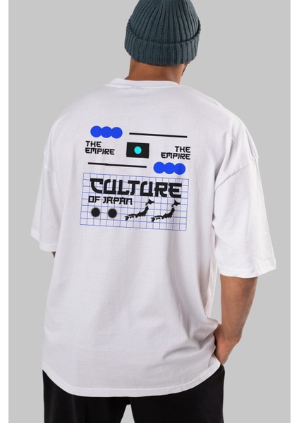 The Empire Culture Japan Arka Baskılı Beyaz Oversize T-Shirt Erkek Kadın Bisiklet Yaka fırsatları