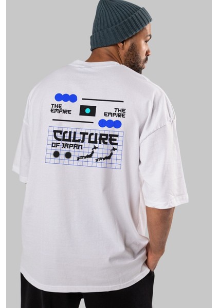 The Empire Culture Japan Arka Baskılı Beyaz Oversize T-Shirt Erkek Kadın Bisiklet Yaka indirimleri