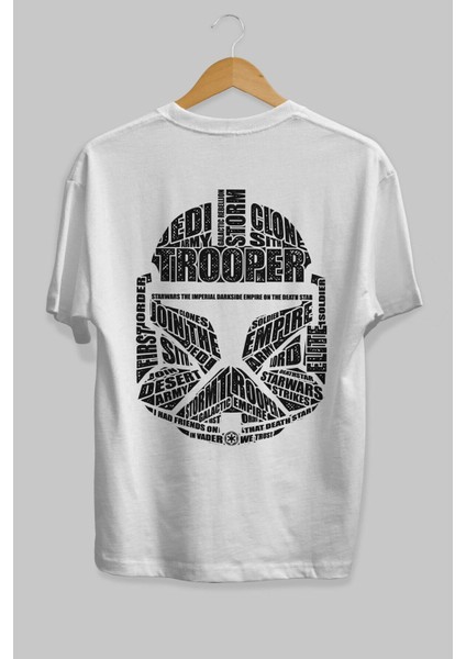 Trooper Arka Baskılı Beyaz Oversize T-Shirt Erkek Kadın Bisiklet Yaka modelleri