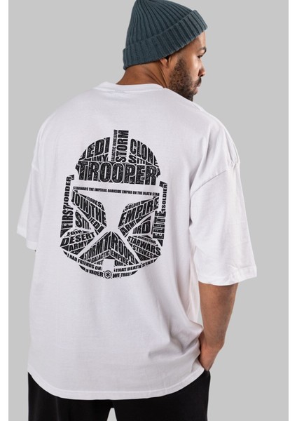 Trooper Arka Baskılı Beyaz Oversize T-Shirt Erkek Kadın Bisiklet Yaka fırsatları