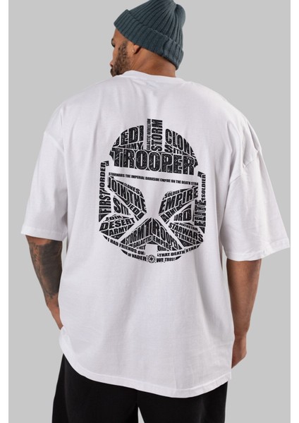 Trooper Arka Baskılı Beyaz Oversize T-Shirt Erkek Kadın Bisiklet Yaka indirimleri