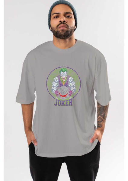 Joker Gym Ön Baskılı Gri Oversize T-Shirt Bisiklet Yaka Pamuk Erkek Kadın
