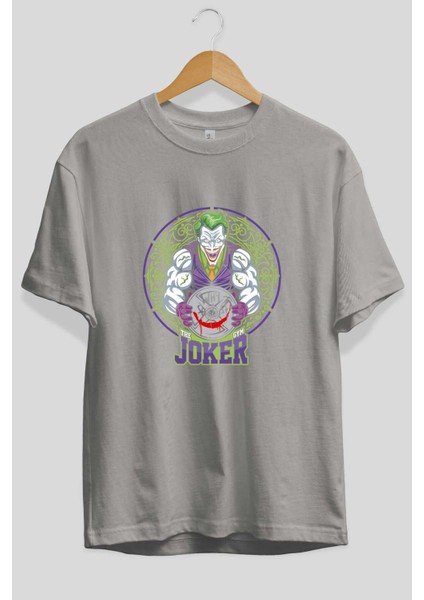 Joker Gym Ön Baskılı Gri Oversize T-Shirt Bisiklet Yaka Pamuk Erkek Kadın fiyatları