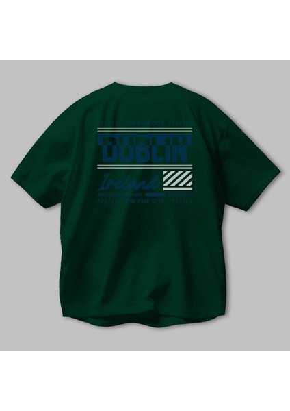 Dublin Arka Baskılı Zümrüt Yeşili Oversize T-Shirt Unisex Erkek Kadın Bisiklet Yaka modelleri