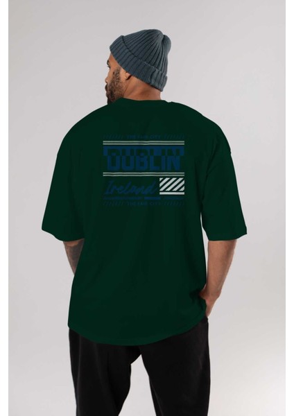 Dublin Arka Baskılı Zümrüt Yeşili Oversize T-Shirt Unisex Erkek Kadın Bisiklet Yaka indirimleri