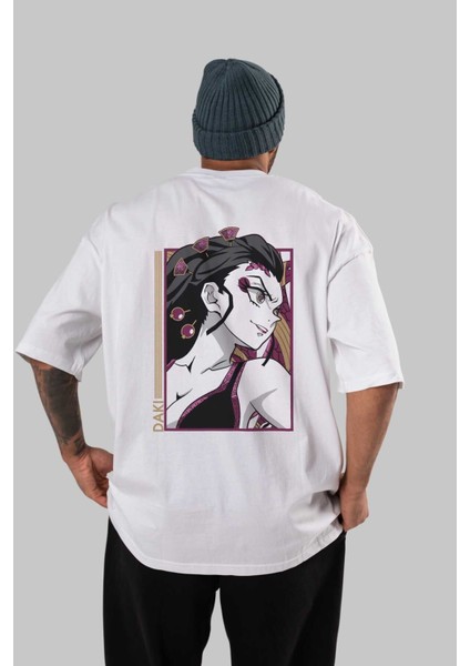 Daki Demıon Slayer Anime Arka Baskılı Beyaz Oversize T-Shirt Pamuk Erkek Kadın