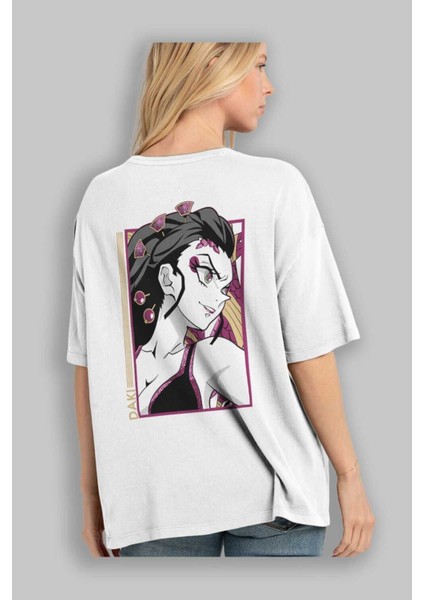 Daki Demıon Slayer Anime Arka Baskılı Beyaz Oversize T-Shirt Pamuk Erkek Kadın modelleri