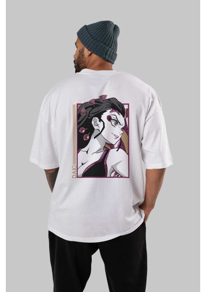 Daki Demıon Slayer Anime Arka Baskılı Beyaz Oversize T-Shirt Pamuk Erkek Kadın fırsatları