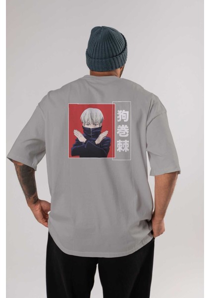Toge Inumaki Anime Arka Baskılı Gri Oversize T-Shirt %100 Pamuk Erkek Kadın