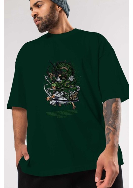 Zoro-One Pıece Anime Ön Baskılı Zümrüt Yeşili Oversize T-Shirt Erkek Kadın modelleri