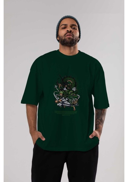 Zoro-One Pıece Anime Ön Baskılı Zümrüt Yeşili Oversize T-Shirt Erkek Kadın indirimleri