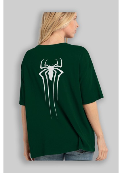 Spiderman Arka Baskılı Zümrüt Yeşili Oversize T-Shirt Unisex Erkek Kadın Bisiklet Yaka fırsatları
