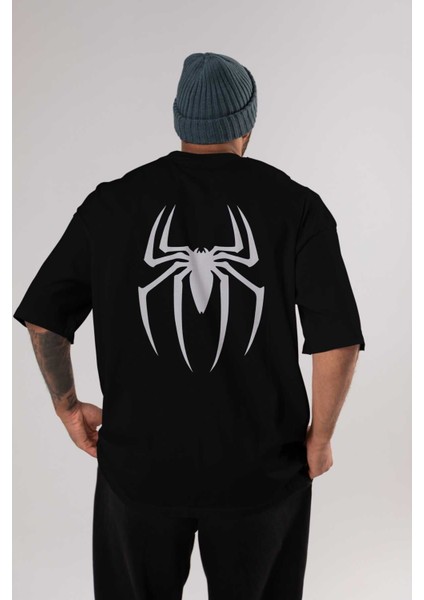 Spiderman Arka Baskılı Siyah Oversize T-Shirt Erkek Kadın Bisiklet Yaka