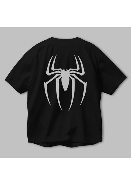 Spiderman Arka Baskılı Siyah Oversize T-Shirt Erkek Kadın Bisiklet Yaka modelleri