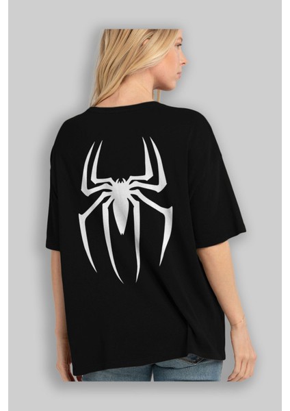 Spiderman Arka Baskılı Siyah Oversize T-Shirt Erkek Kadın Bisiklet Yaka fırsatları