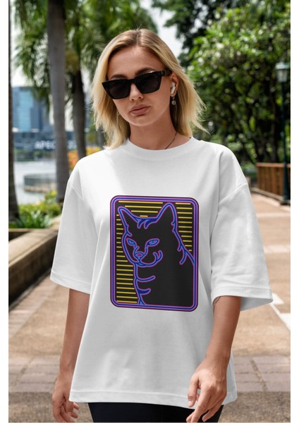 Neon Cat Ön Baskılı Beyaz Oversize T-Shirt Erkek Kadın Bisiklet Yaka fiyatları