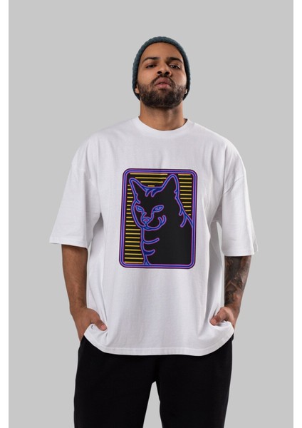 Neon Cat Ön Baskılı Beyaz Oversize T-Shirt Erkek Kadın Bisiklet Yaka modelleri
