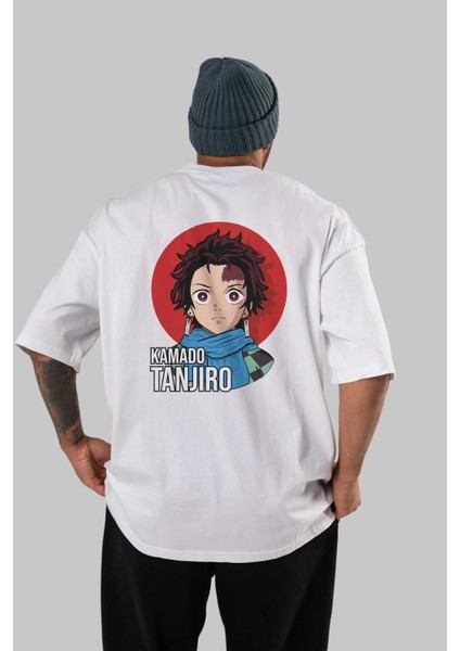 Tanjıro Kamado Anime Arka Baskılı Beyaz Oversize T-Shirt Pamuk Erkek Kadın