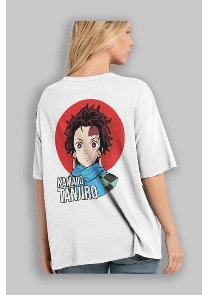 Tanjıro Kamado Anime Arka Baskılı Beyaz Oversize T-Shirt Pamuk Erkek Kadın modelleri